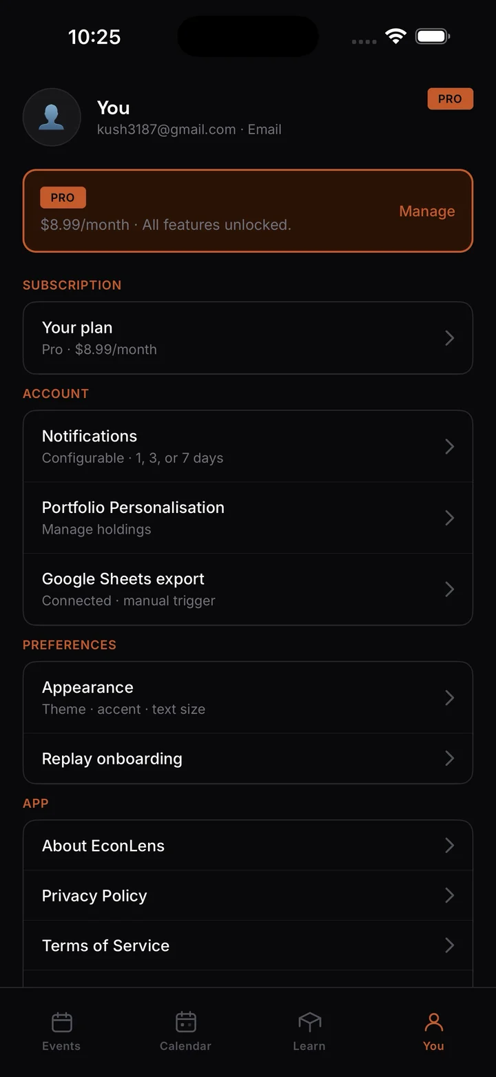 EconLens You screen showing portfolio sector exposure in dollars